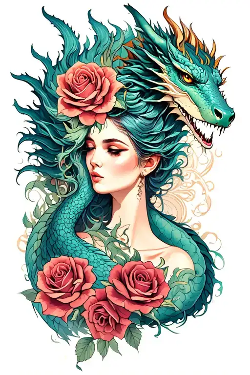 Woman And Dragon With Roses Intertwined