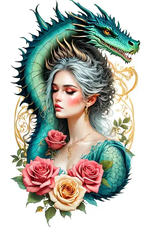 Woman And Dragon With Roses Intertwined