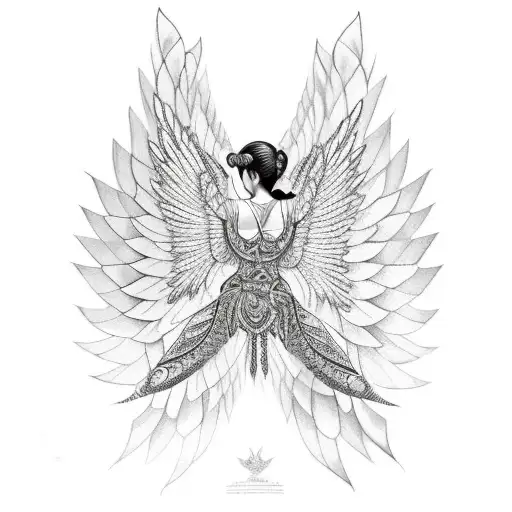 Black Ink Tattoo Geometric Lines Of Greek Goddess Althaea With Wings Lying Down Mythology Style