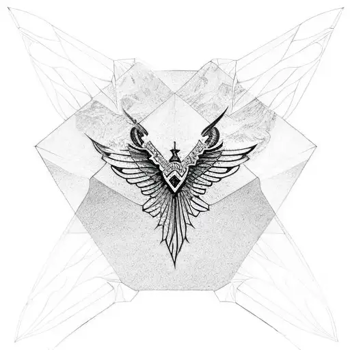 Black Ink Tattoo Geometric Lines Of Greek Goddess Althaea With Wings Lying Down