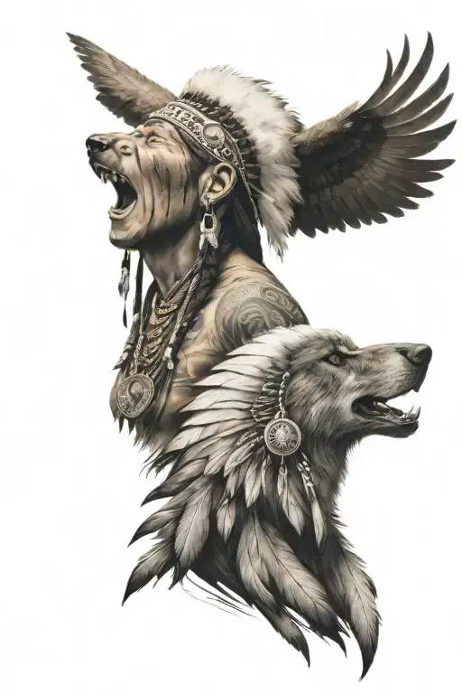 Native American Chef With Long Headress And Wolf Howling And Bear And Eagle
