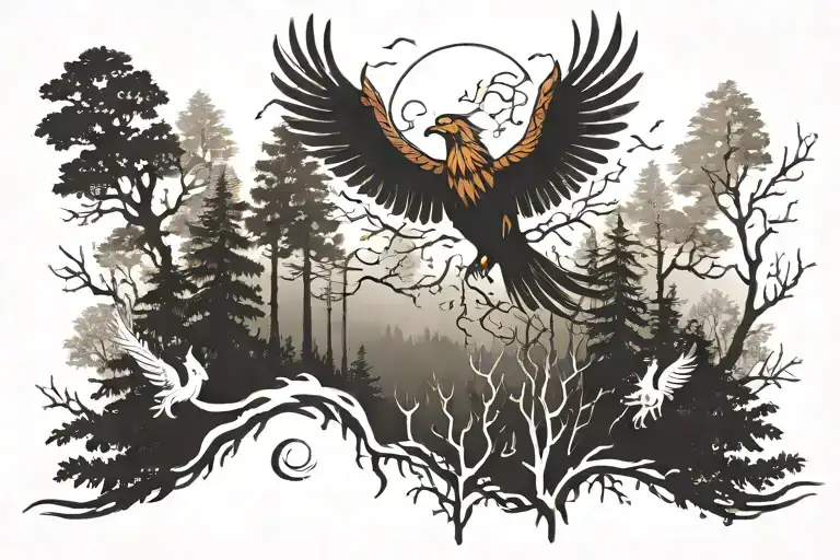 Phoenix Flying In The Forest Scene