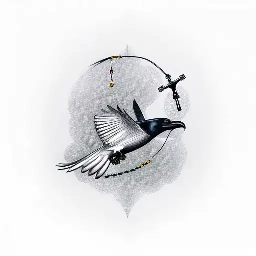 Flying Crow With Rosary Beads In Its Beak