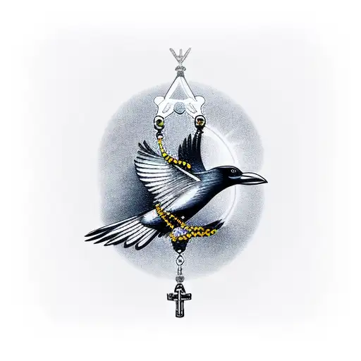 Flying Crow With Rosary Beads In Its Beak