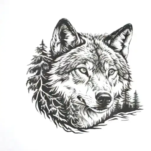 Pine Trees And Wolf Face Tattoo