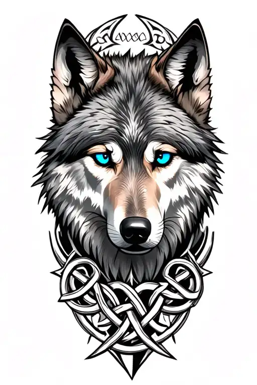 Wolf With Blue Eyes On Armor Tattoo Design Featuring Celtic Trinity Knot