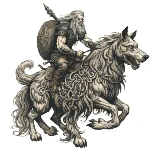 Fenrir Looking On Odin Riding Sleipnir