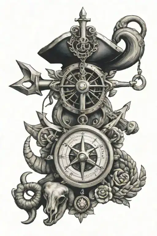 Navy Anchor And Ram Skull With Compass Rose
