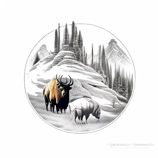 Native American Landscape With Bisons