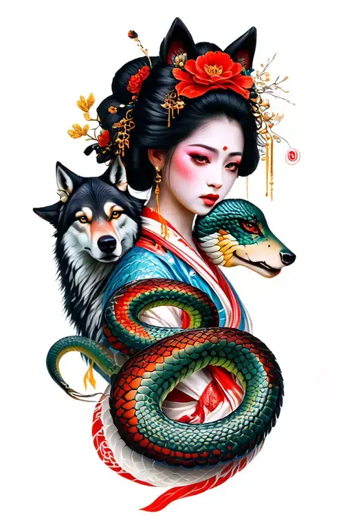 Geisha And Wolf And Snake Wrapped