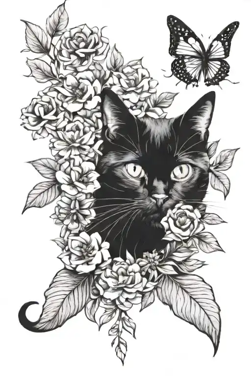 Black Cat And Flowers