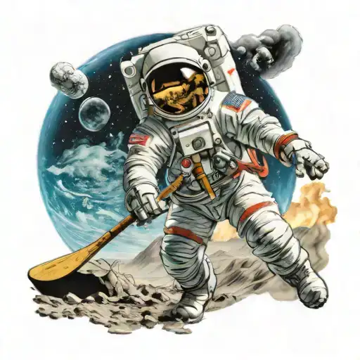 Astronaut Playing Hockey On The Moon Overlooking Earth