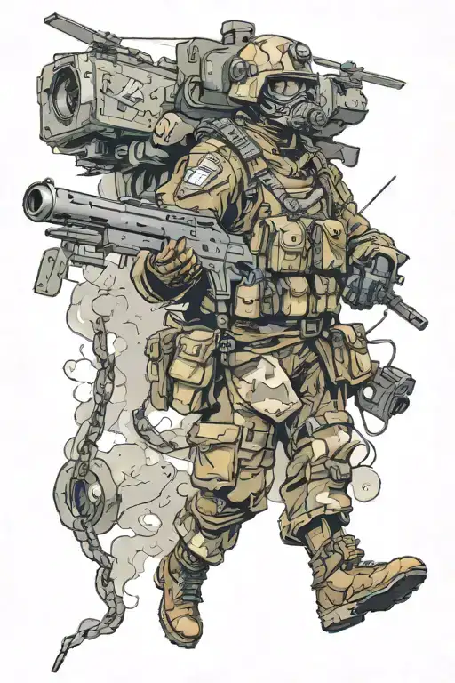 Koschei The Deathless In Military Uniform With A Weapon In His Hands Shoots Down A Quadcopter