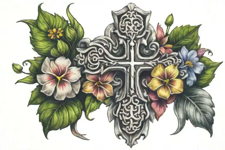 Bouquet Of Flowers Intertwining Around A Irish Cross