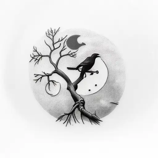A Crow On A Tree Branch With The Moon In The Background With Dalilas At The Bottom And Iris Flowers