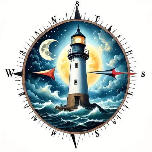 Lighthouse In A Storm Sun And Moon Wind Rose And Compass Pointing To Russia