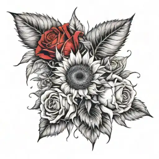 Bouquet Of Red Roses With A Sunflower In The Middle