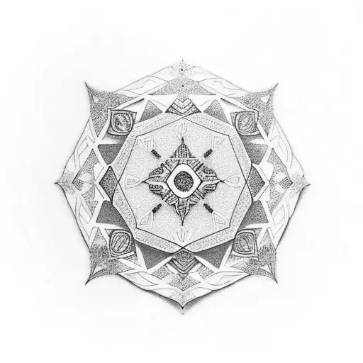 A Dotwork Tattoo Of A Philosophical Symbol Combined With Elements Of Iranian Architecture