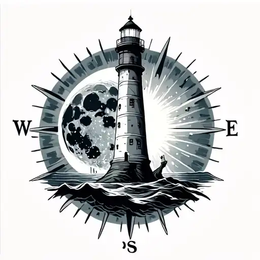 Lighthouse On The Background Of The Moon And The Sun With A Ray Of Light Compass