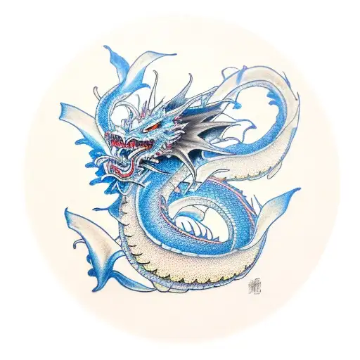 A Japanese Style Dragon Suronded By Three Blue Spider Lillies