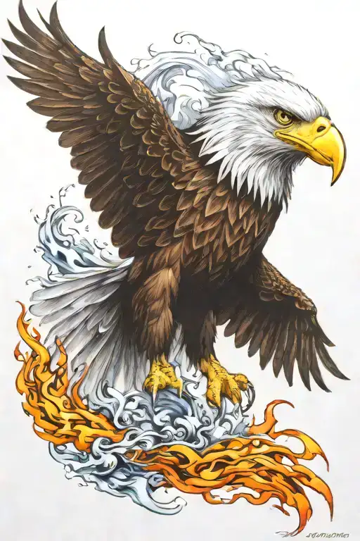 Eagle With A Background Of Fire And Water