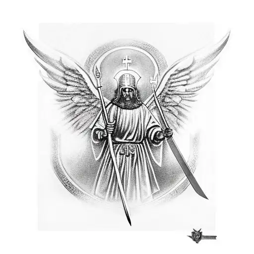 Saint Michael The Archangel Kneeling With Sword