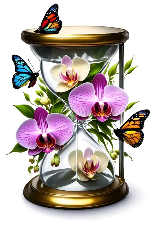 Hour Glass With Tons Of Orchids Intertwined And Butterflies