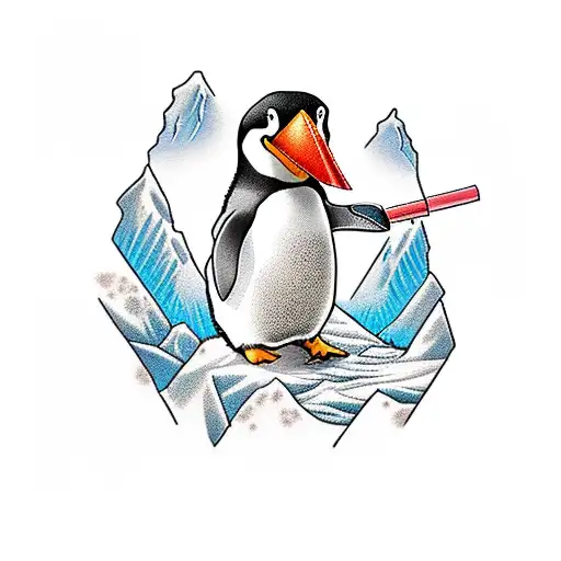 Penguin With A Pink Gun Shooting An Orange Fox On An Iceberg