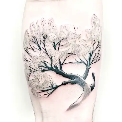 Cherry Blossom Tree On Forearm With Roots Going Into Torn Band Around Wrist