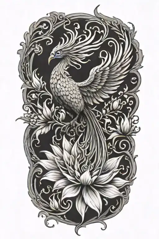 Phoenix Emerging From Lotus Flower Feature Swirls And Flames