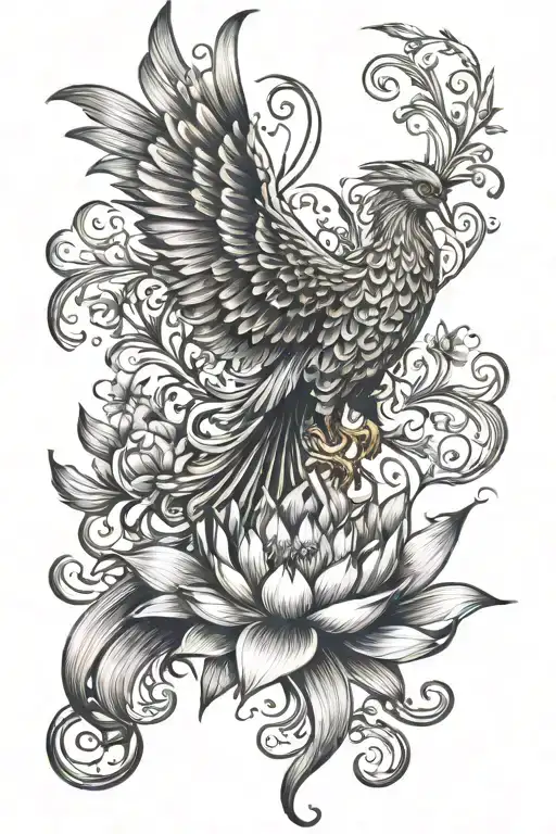 Phoenix Emerging Upward Gaze From Lotus Flower Feature And Petal Flames No Frame