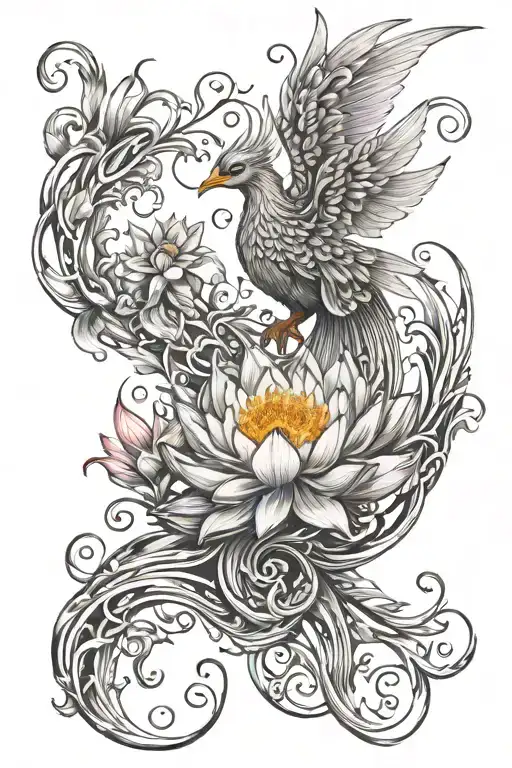 Phoenix Emerging Upward Gaze From Lotus Flower Feature Petal Flames Delicate Ribbons