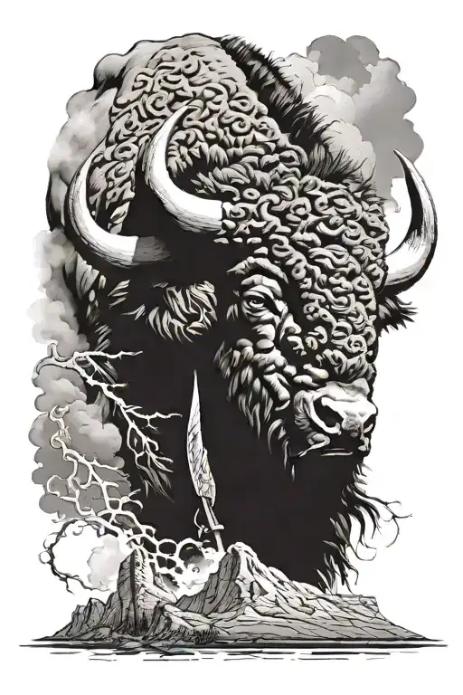 Bison Head Facing Storm Warrior With Background