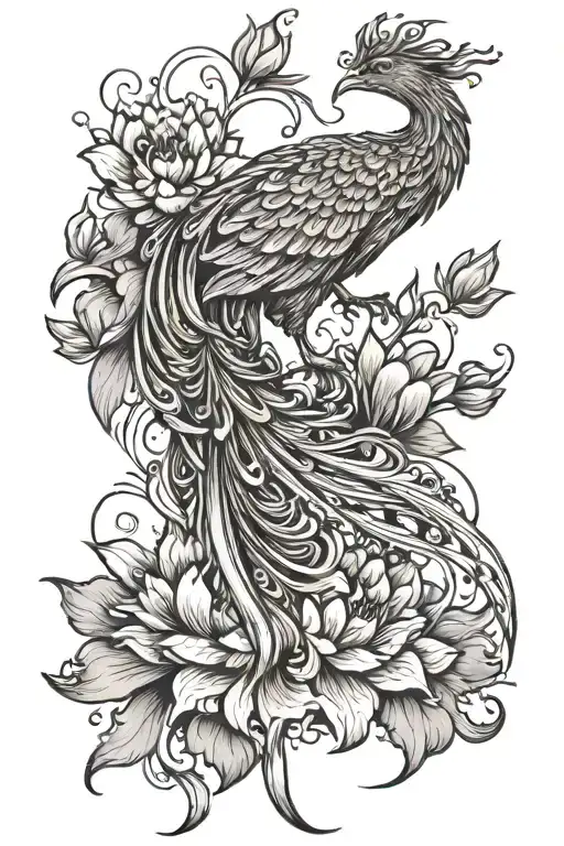 Regal Phoenix Rising From Lotus Flower Feature Delicate Ribbons Fine Line Detail