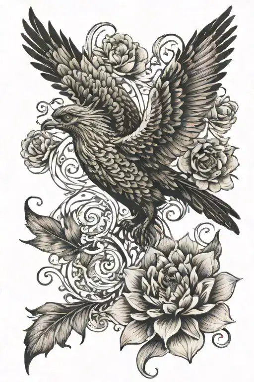 Regal Phoenix Flying From Lotus Flower Feature Delicate Ribbons Fine Line Detail