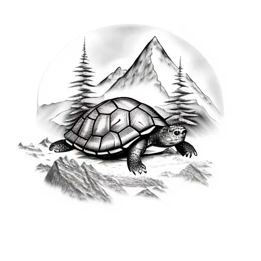 A Mountain Landscape With A Hidden Turtle Camouflaged Within