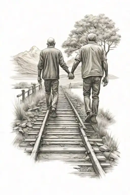 Father And Son Holding Hands Walking On Railroad In Mountains