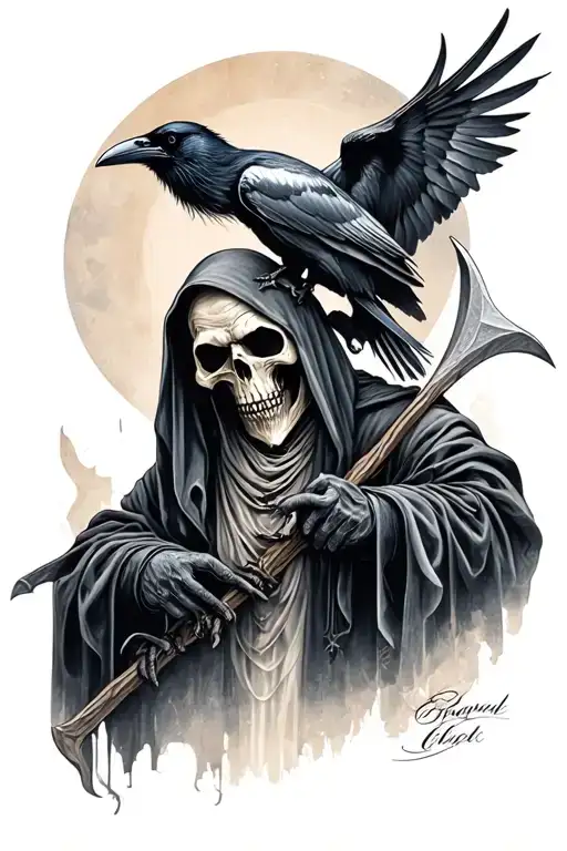 Grim Reaper With Scythe And Raven Perched