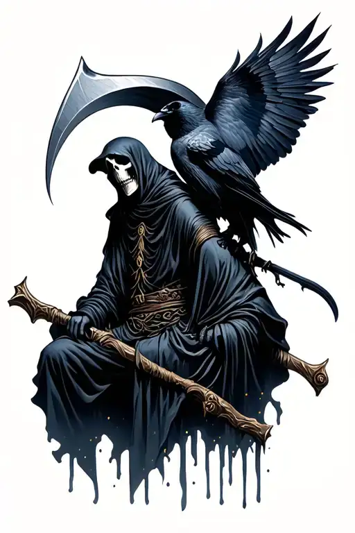 Grim Reaper With Scythe And Raven Perched