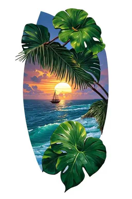 Hawaii Sunset Background Monstera Plant Sea Flowers Outrigger