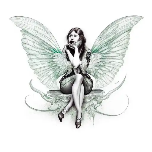 Absinthe Green Fairy Sitting With Legs Out In A Glass With Long Green Draping Wings