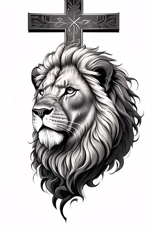 Cross Tattoo Featuring Calm Lion