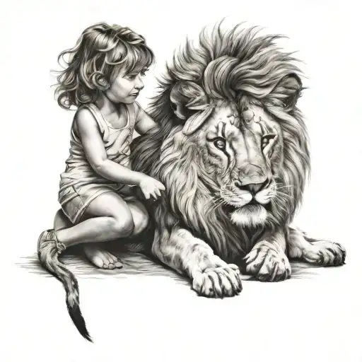 Two Little Human Girls Playing Around A Lion