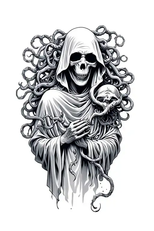 Grim Reaper Lovingly Holding Medusa