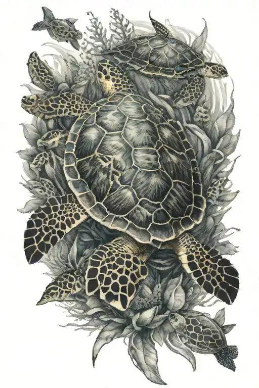 A Realistic Tattoo Of A Sea Turtle Swimming Among A School Of Zebrasoma Fish