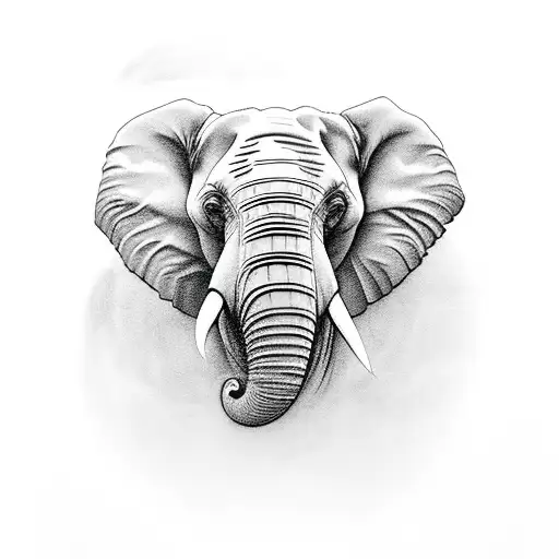 Elephant Head From The Front With The Trunk Curling Upward