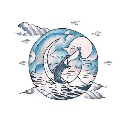 Raft In The Middle Of The Sea With Moon