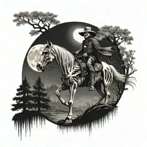 Skeleton Horse With Cowboy Grim Reaper In A Forest With A Full Moon