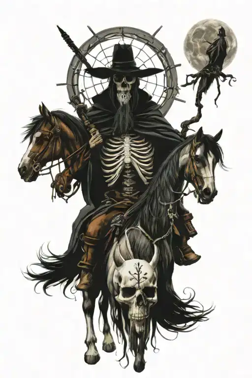Skeleton Horse With Cowboy Grim Reaper In A Forest With A Full Moon And A Dreamcatcher
