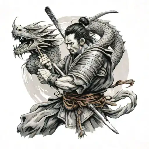 An Samurai With An Dragon Around Him And A Katana